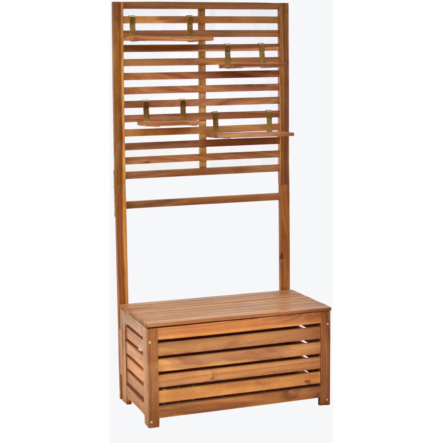 Merxx Sichtschutz mit Kissenbox und Ablage aus geöltem Akazienholz für Garten und Terrasse.