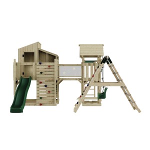 Dunkelgrüner OutdoorToys Spielturm Tammo mit Babyschaukel, Rutsche, Kletterwand und Brücke.