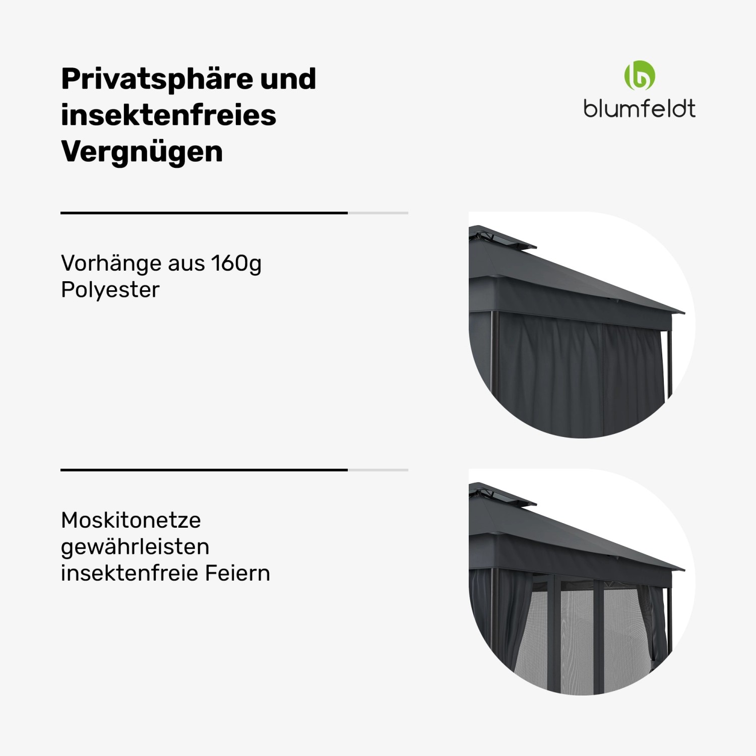 Blumfeldt Mondo Dual Pavillon 3x3 m, dunkelgrau, mit Doppeldach, Vorhängen und Moskitonetzen.