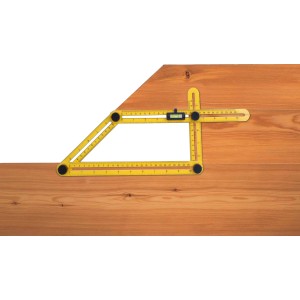 Gelber Templater zur Winkel- und Konturmessung auf Holzoberfläche.