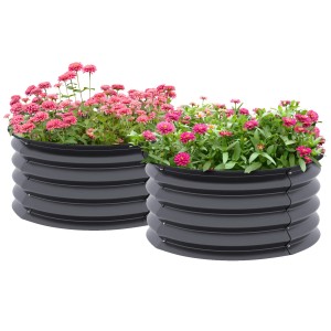 Outsunny Hochbeet Set, Stahl dunkelgrau, 2er-Set, bepflanzt mit rosa Blumen.