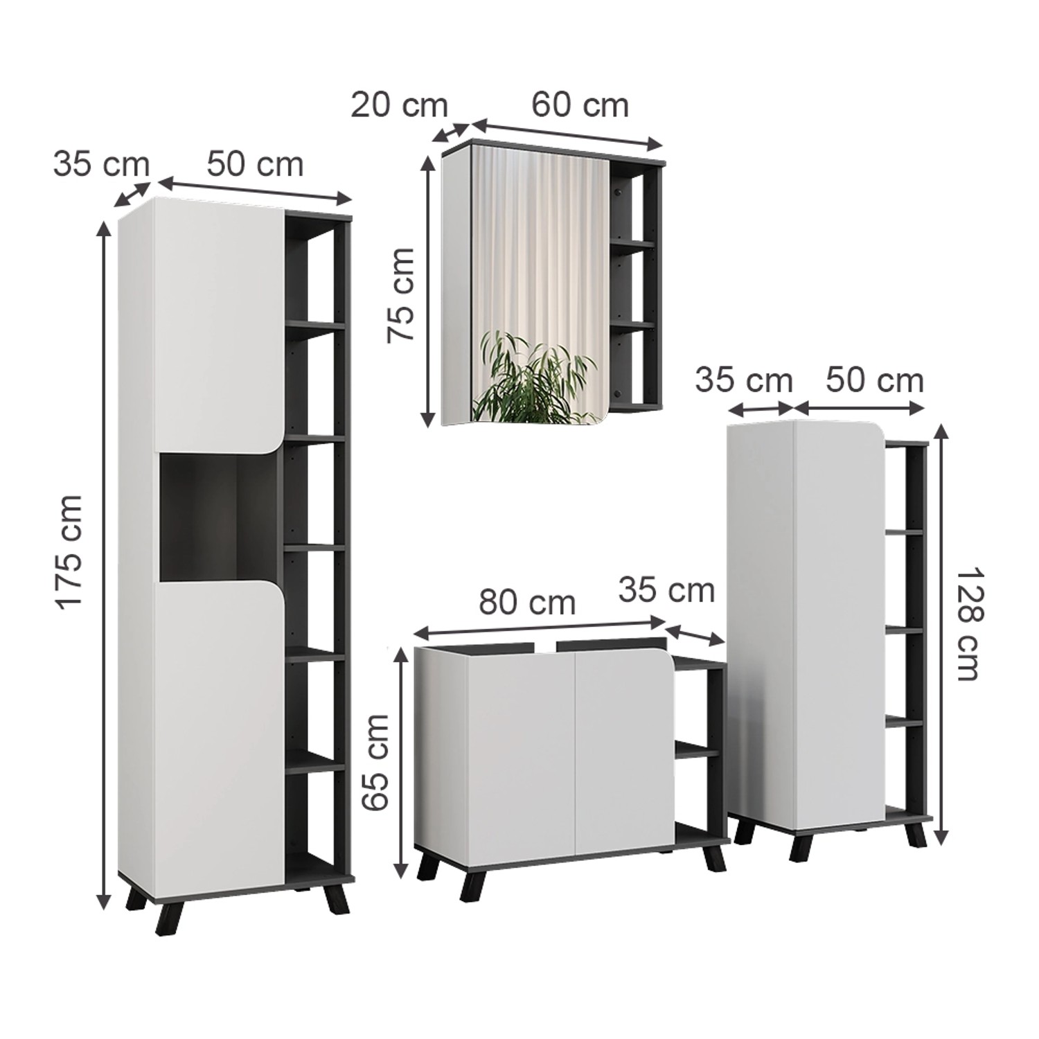 Vicco Badmöbel-Set Karen, 4-teilig, Anthrazit/Weiß, mit Waschbeckenunterschrank, Spiegelschrank, Badregal und Hochschrank.