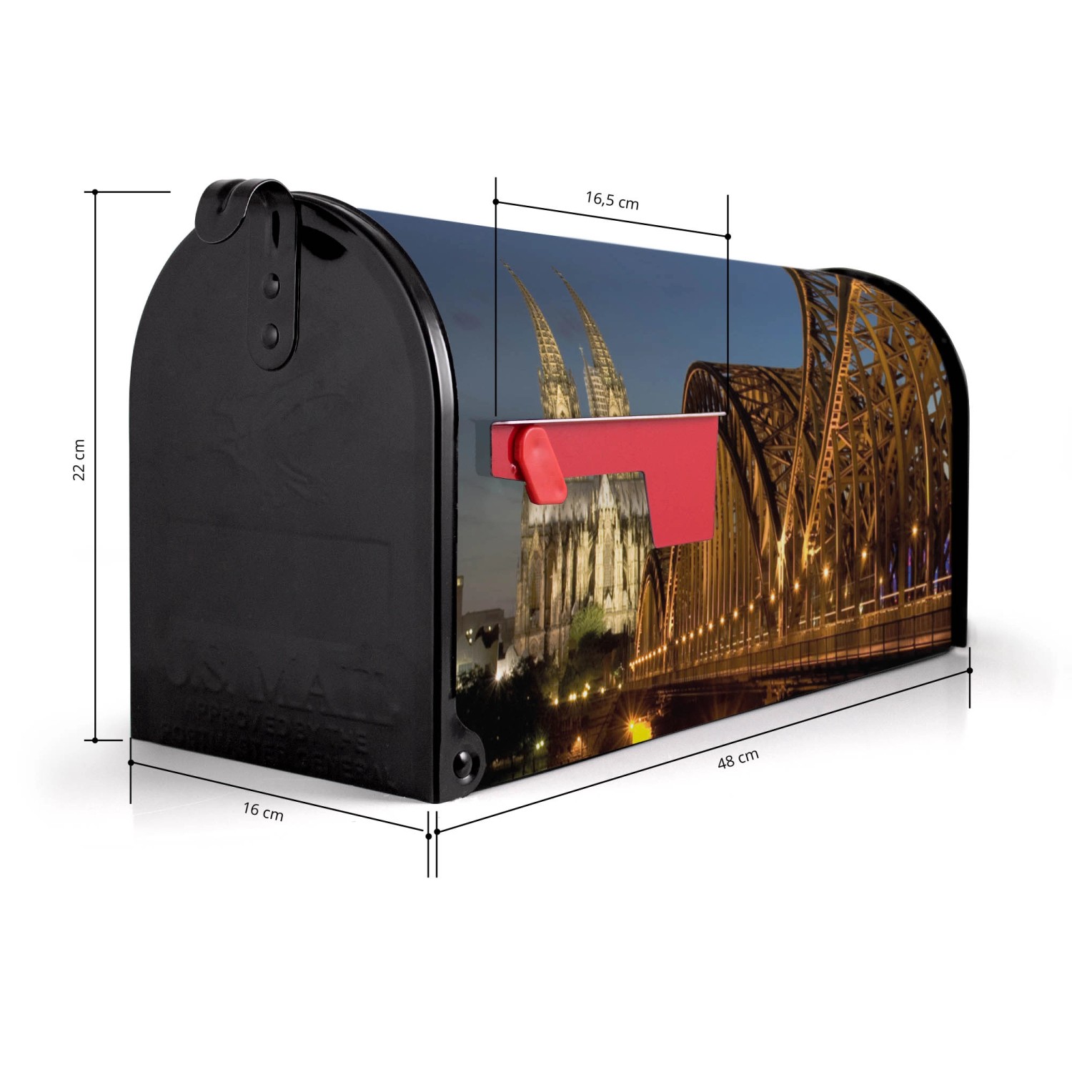 Schwarzer Banjado US Briefkasten mit Köln Motiv, 48x22x16cm, aus pulverbeschichtetem Stahl.