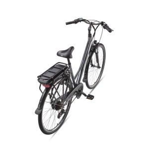 Telefunken Trekking E-Bike mit 21-Gang Shimano Schaltung und Hinterradmotor, gesehen von hinten oben.