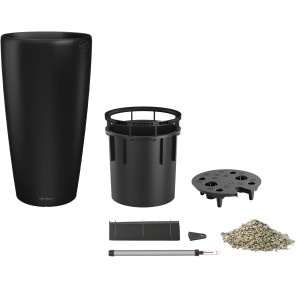 Lechuza Rondo Premium 32, schwarze Pflanzsäule mit Zubehör und Bewässerungssystem.