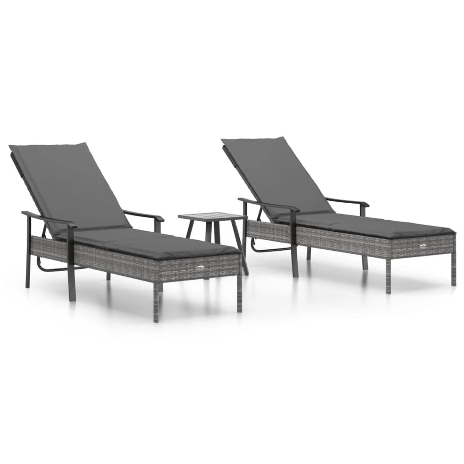 vidaXL Sonnenliegen 2 Stk mit Tisch und Auflagen Grau Poly Rattan 362808