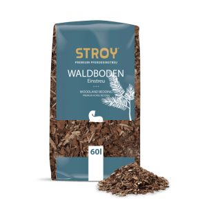 STROY Waldbodeneinstreu 60l Sack mit goldbraunen Kiefernholzspänen und losem Material. Premium Pferdeeinstreu.