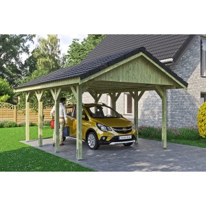 Satteldach-Carport Wallgau aus Holz mit Dachlattung und gelbem Auto. Einzelcarport für PKW.