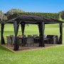 Sojag Pavillon Meridien 12x16 Anthrazit mit Möbeln und Moskitonetzen im Garten.