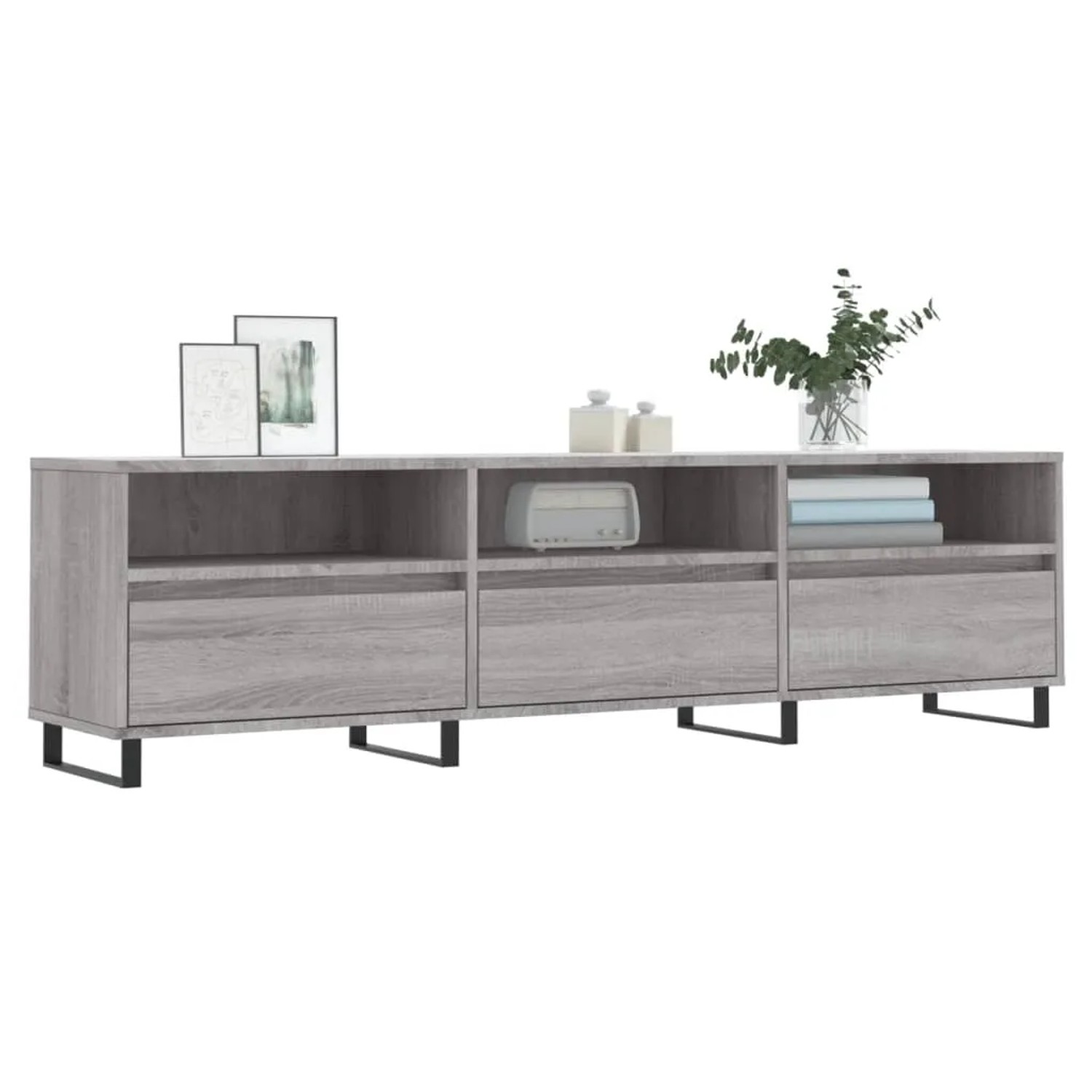 VidaXL TV-Schrank Grau Sonoma, 150 cm breit, mit Fächern und schwarzen Metallfüßen.