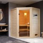 Woodfeeling Sauna Antonia mit Glastür und Ofen im modernen Bad.
