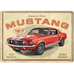 Nostalgic-Art Blechpostkarte: Roter Ford Mustang GT 1967, Geschenkidee für Auto-Fans.