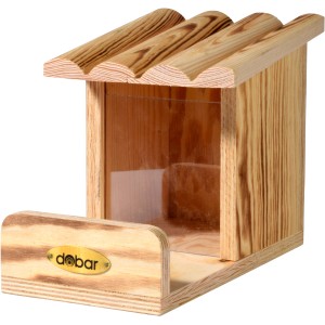 Geflammte Eichhörnchen-Futterstation aus Kiefernholz mit Futtersilo. Nützlingsheim für den Garten.