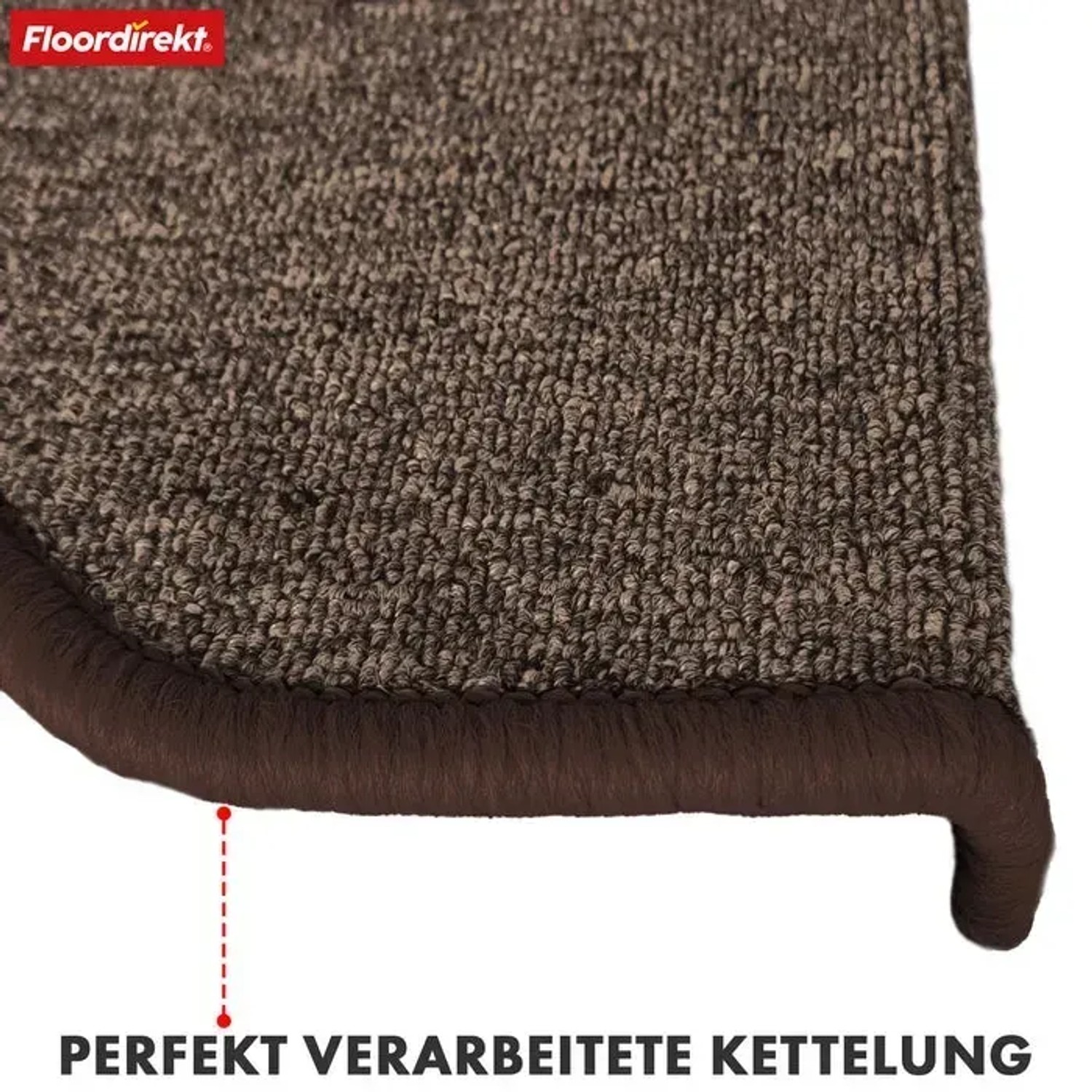 Detailaufnahme: Halbrund braune KARAT Stufenmatte London Pro mit geketteltem Rand. Treppenschutz für mehr Sicherheit.
