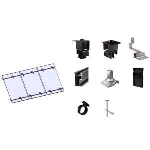 SolMount Montageset für 3 Solarmodule auf Schrägdach, schwarz eloxiert, mit Zubehör.