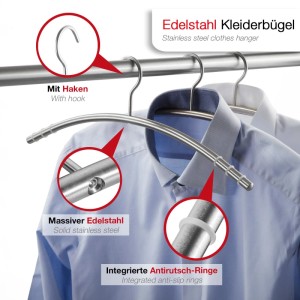 SOTECH 5er Set Design Kleiderbügel mit Antirutsch Ringen Edelstahl Massiv Gebürstet Ø12 mm x 433 mm Rundrohr mit Haken
