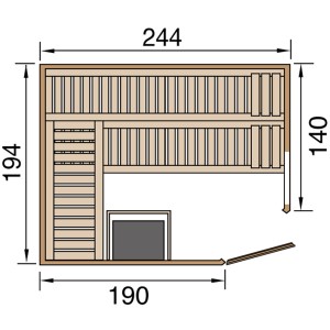 Grundriss Weka Element-Ecksauna Varberg 4 Sparset mit Maßen, Ofenposition und Türanschlag.