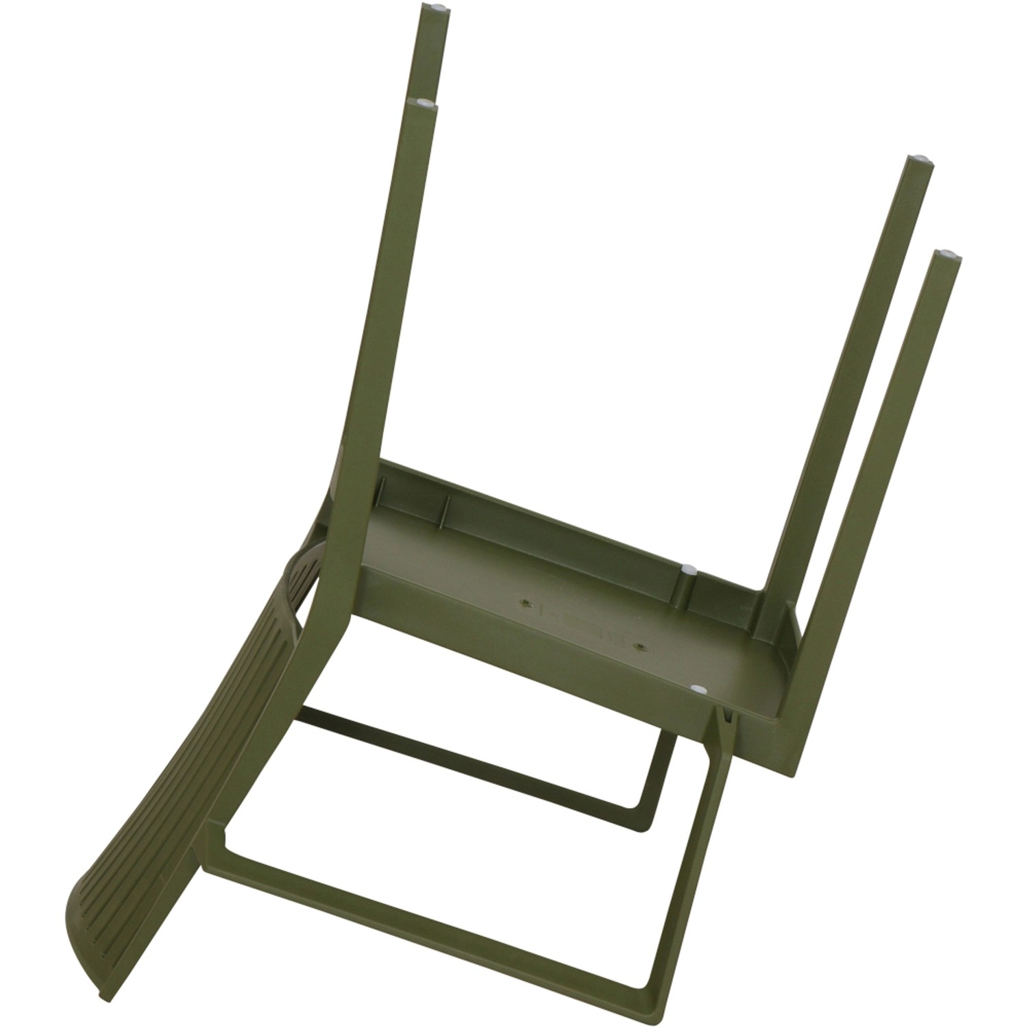 Gestapelter, olivgrüner Siena Garden Lane Gartenstuhl, Unteransicht.