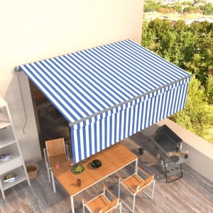 vidaXL Markise, manuell einziehbar, blau-weiß gestreift, 4x3 m, mit Rollo für Terrasse und Balkon.