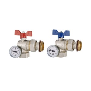 Emmeti Kugelhahn Set aus Messing für Heizkreisverteiler, 1 Zoll, mit roten/blauen Flügelgriffen und Thermometern.