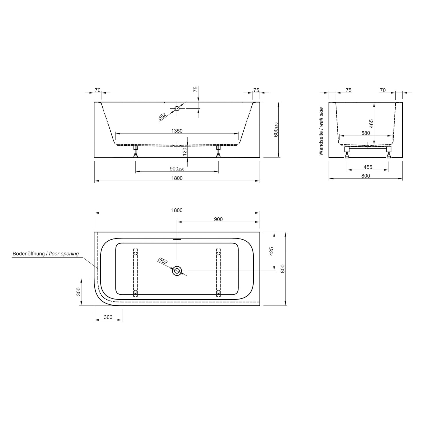 Technische Zeichnung der Ottofond Spirit Eckbadewanne 180x80 cm (links) mit Maßangaben.