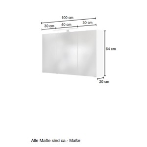 Held Möbel 3D-Spiegelschrank Monza, 100 cm, Weiß, mit Maßen. Badezimmerschrank für Badutensilien.