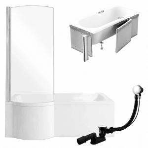 Weiße rechteckige Acryl-Badewanne 170x70 cm mit Glas-Duschabtrennung links, Ablauf und Füßen. Modernes Badewannen-Set.