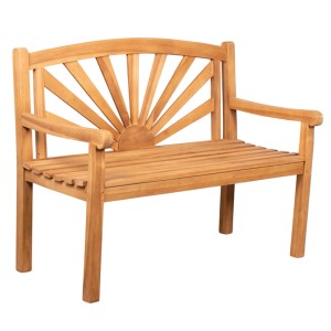 Gartenbank 'Sonne' aus Teakholz, 120 cm breit, mit Sonnendesign im Rückenteil. Robuste Gartenmöbel für den Außenbereich.