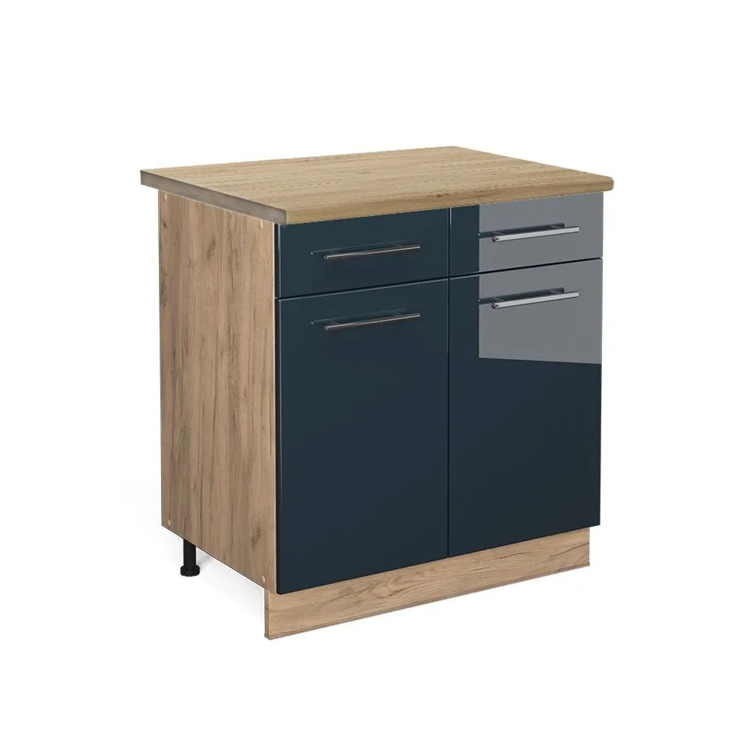 Vicco Küchenunterschrank Fame-Line DunkelBlau Hochglanz Goldkraft Eiche 80 cm AP Eiche