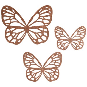 Wanddeko Schmetterlinge, 3-teiliges Holz-Set in Mahagoni-Optik für Bilderrahmen und Wandgestaltung.