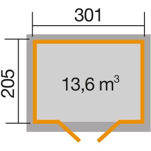 Grundriss weka Gartenhaus 122 Gr.3, Satteldach, schwedenrot, Maße 301x205 cm, Volumen 13,6 m³.