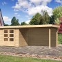 Karibu Holz-Gartenhaus Boras mit Flachdach, unbehandelt, mit Anbau. Ideal als Gerätehaus.