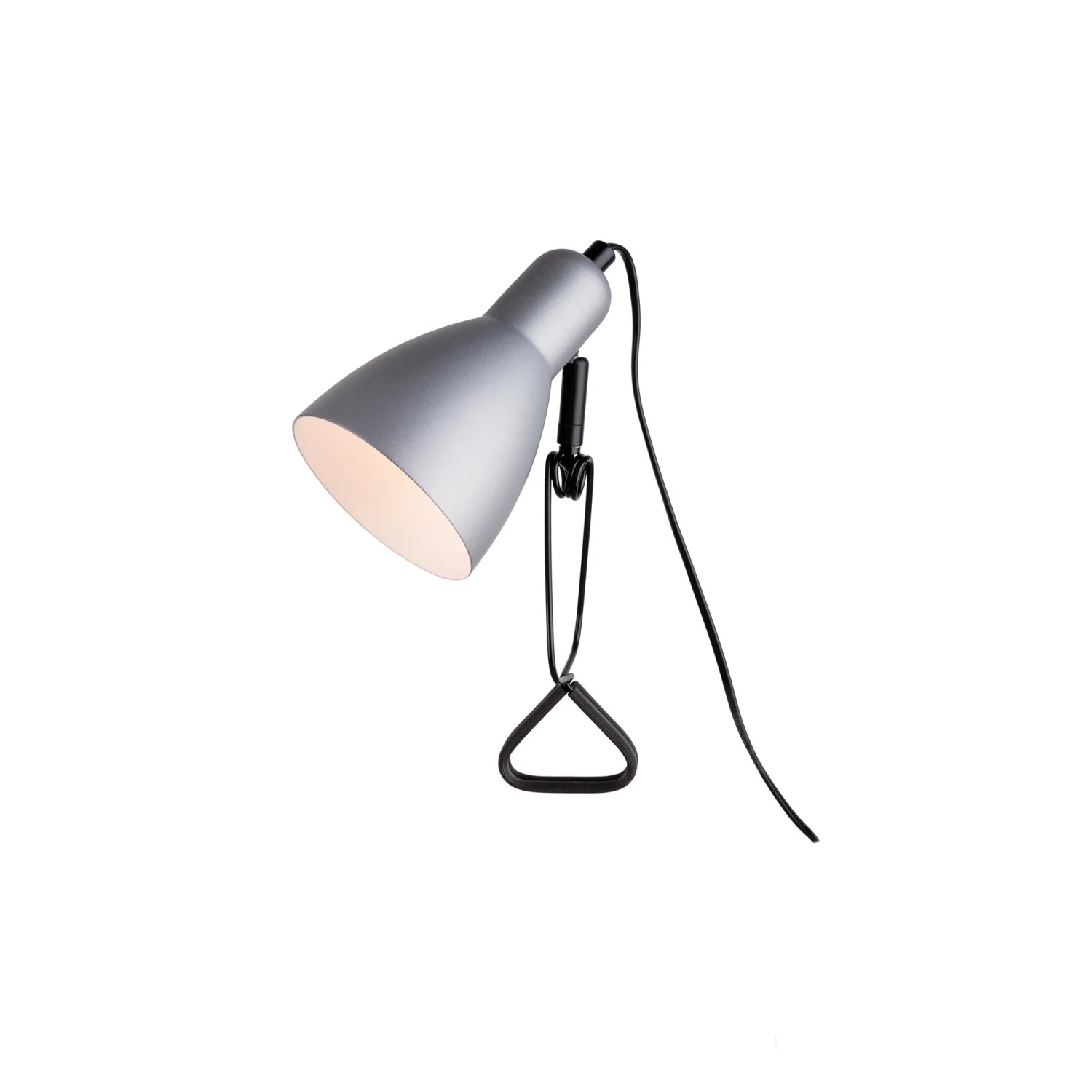 Silberne Näve Klemmleuchte Mara, 28 cm hoch, mit schwarzer Klemme und Kabel.
