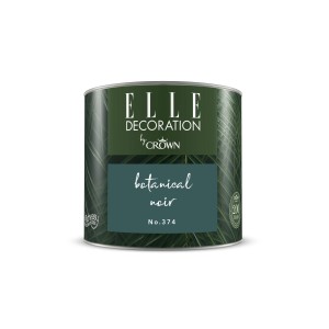 Dunkelgrüne, matte ELLE DECORATION Wandfarbe Botanical Noir No. 374 im Farbdosen-Design.