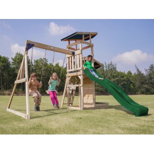 Axi Spielturm Malik mit Doppelschaukel, Rutsche und Sandkasten im Garten.