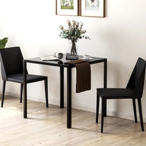 Schwarzer quadratischer Esstisch aus Stahl mit Hartglasplatte, modern, kompakt, für 2-4 Personen.
