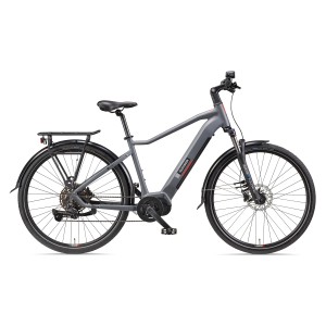 Graues Telefunken SUV E-Bike 29 Zoll mit Mittelmotor und Gepäckträger.