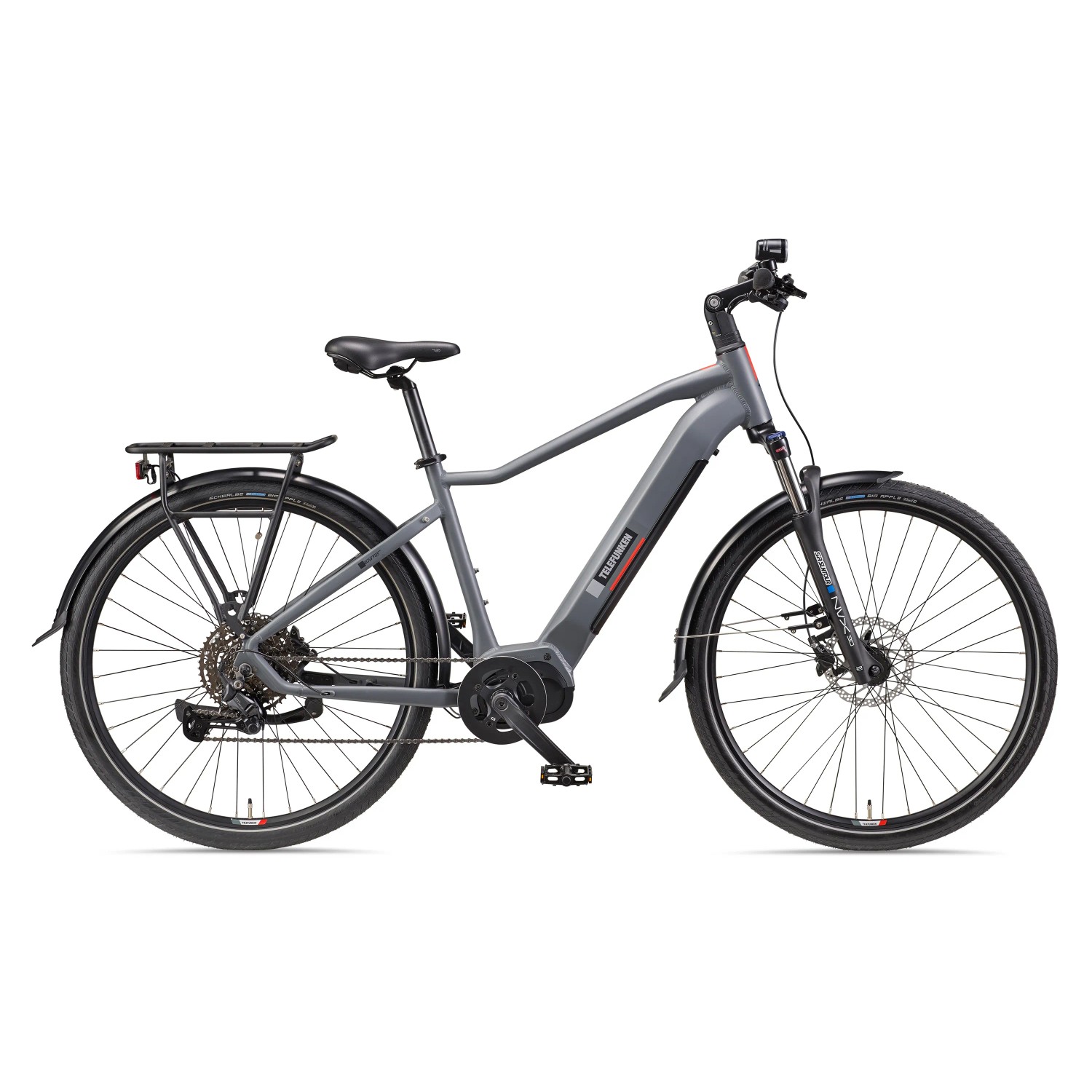 Graues Telefunken SUV E-Bike 29 Zoll mit Mittelmotor und Gepäckträger.