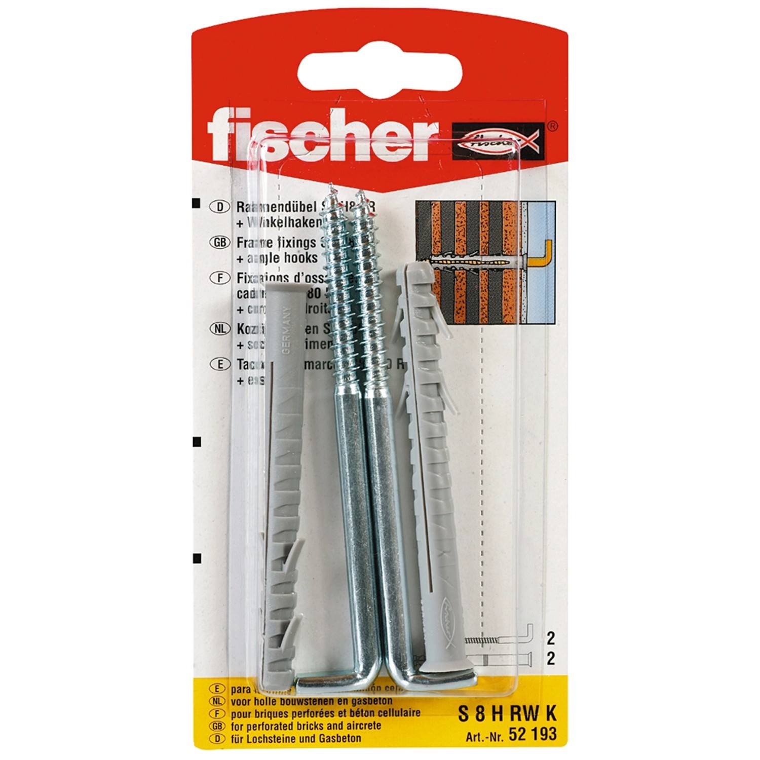 Fischer Langschaftdübel S 8 H RW K mit Winkelhaken, 2 Stück, für sichere Befestigungen.