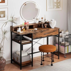 Costway Schreibtisch mit Steckdosen & Schublade & Abnehmbarem Regal Braun