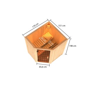 Chillroi Sauna Danika mit Ofen, Eckeinstieg, zwei Bänke und Kopfstütze. Ideal für kleine Räume.