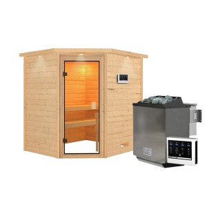 Karibu Sauna Elea Set: Massivholzsauna mit Ofen, externer Steuerung und Kranz, naturbelassen.