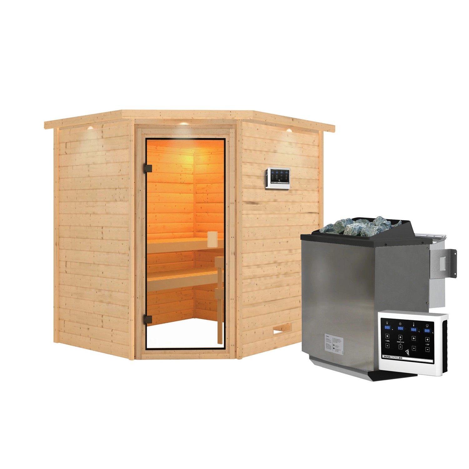 Karibu Sauna Elea mit Kranz Set Naturbelassen mit Ofen 9 kW Bio ext. Steuer günstig online kaufen