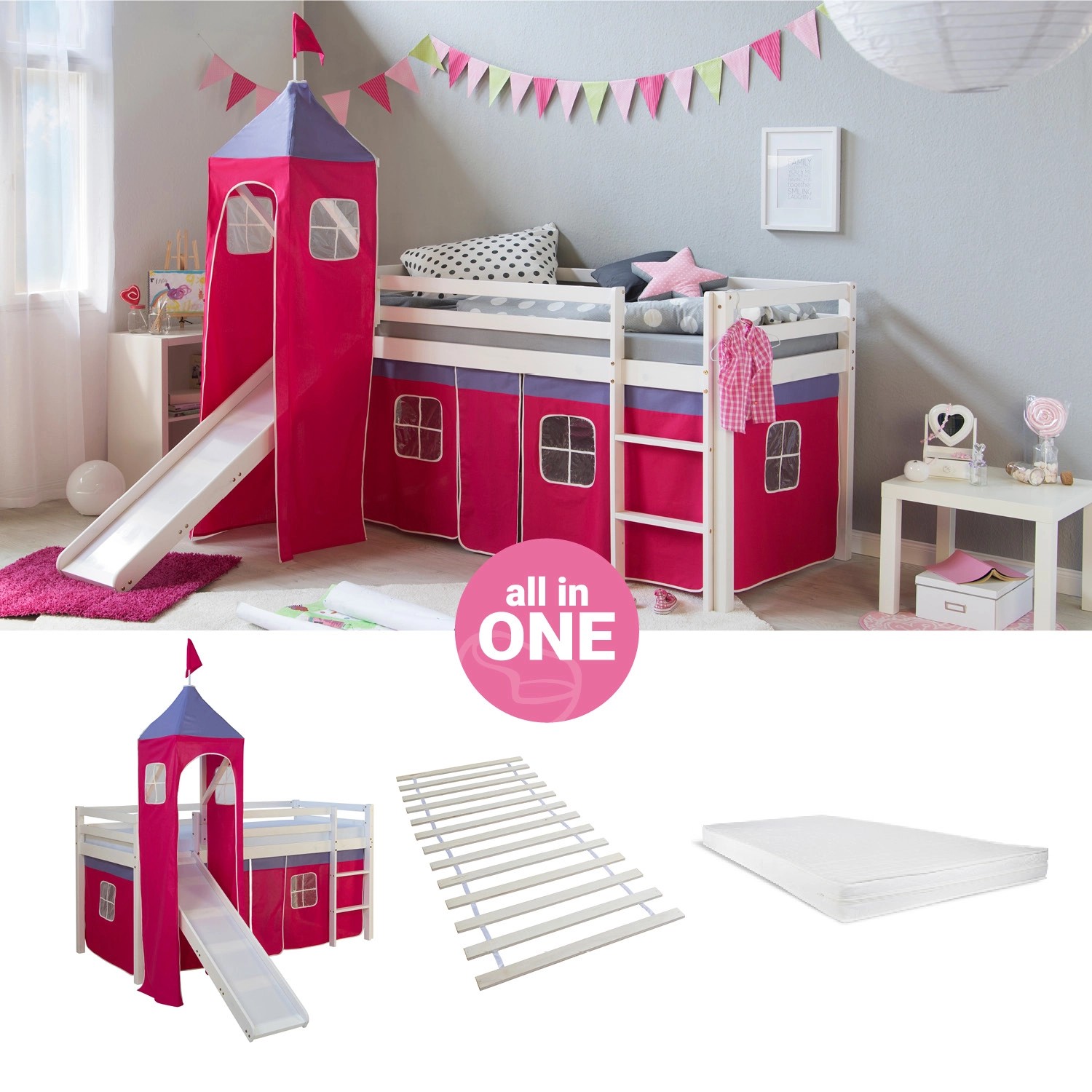 Homestyle4u Hochbett 90x200 mit Vorhang Lattenrost Matratze Rutsche Turm in Weiß 2583
