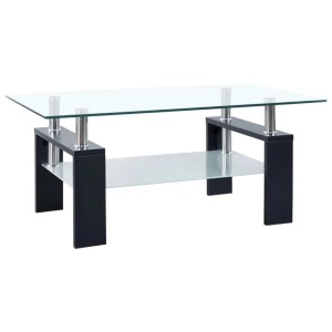 Schwarzer Couchtisch mit Glasplatte und Ablage, 95x55x40 cm.