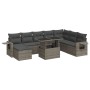 Graue 9-teilige Garten-Sofagarnitur aus Polyrattan mit Tisch und Kissen.