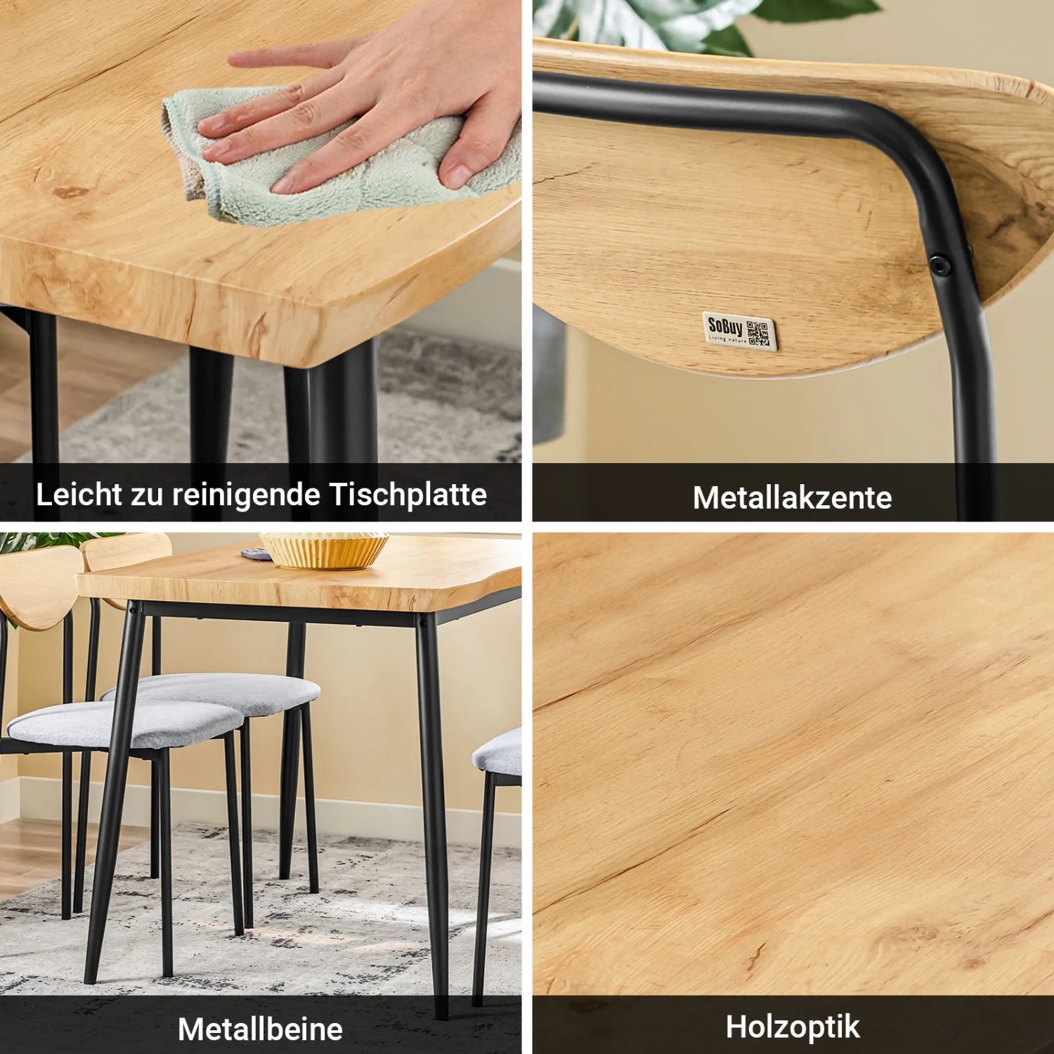 SoBuy Essgruppe OGT52-N, 5-teilig: Bartisch mit 4 Stühlen, Holzoptik, Metallbeine. Platzsparendes Design.