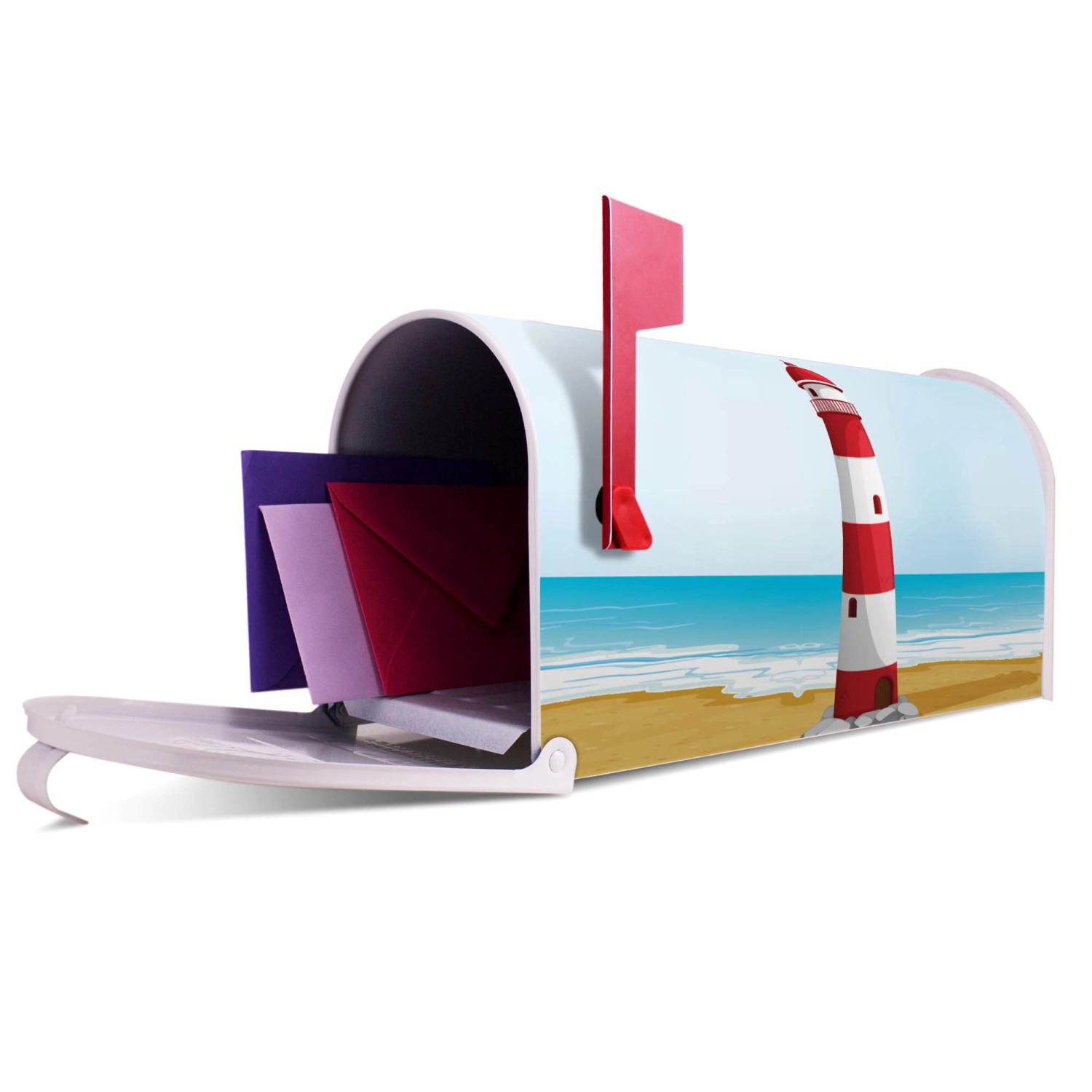 Weißer US Briefkasten mit Leuchtturm Motiv, Briefe liegen bereit.