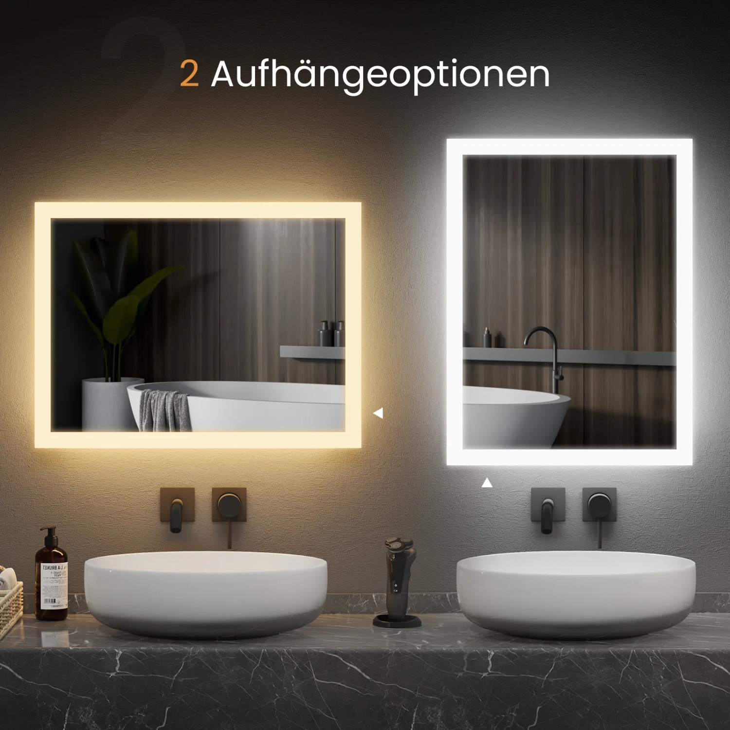 Emke LED Badspiegel, 50x70 cm, mit Kaltweiß- und Warmweiß-Optionen, vertikal und horizontal montierbar.