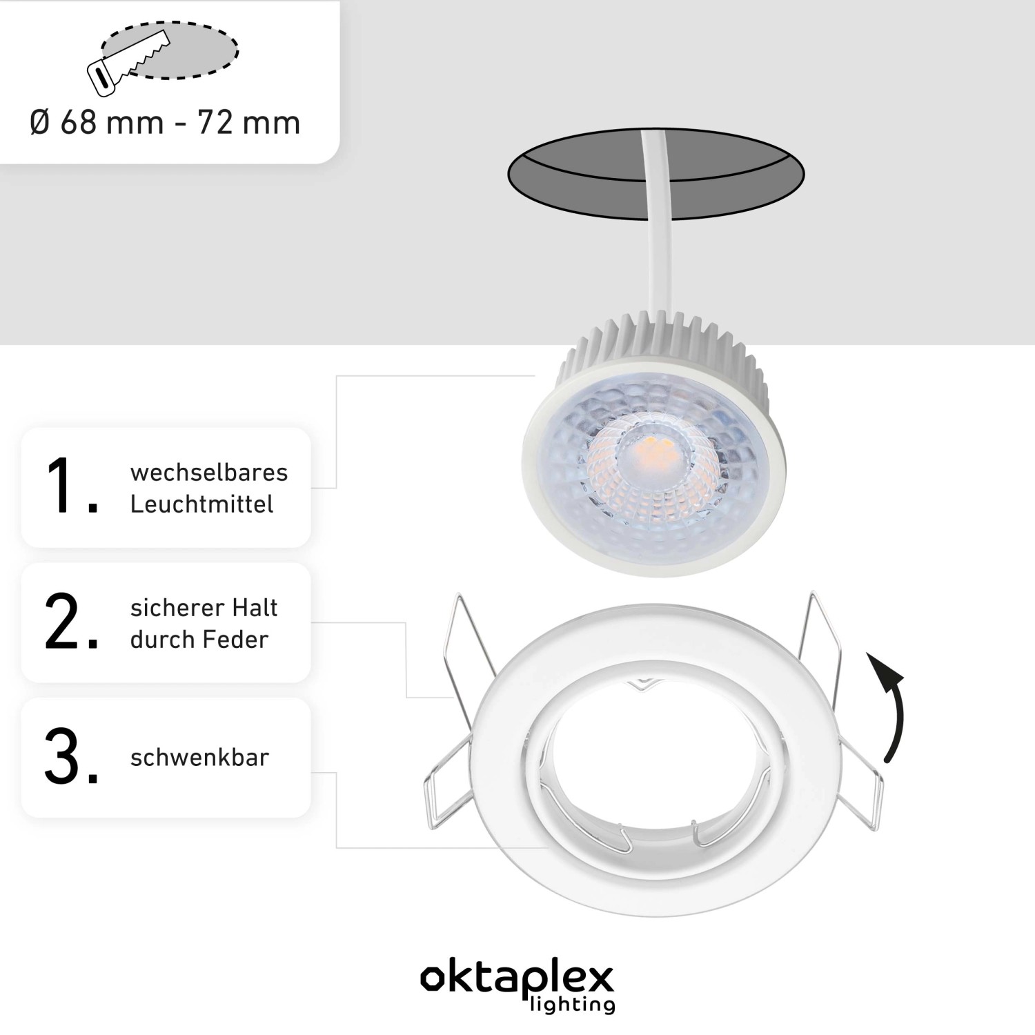 Oktaplex Dijon LED Deckeneinbaustrahler 3er Set, dimmbar, warmweiß, schwenkbar, weiße Rahmen.